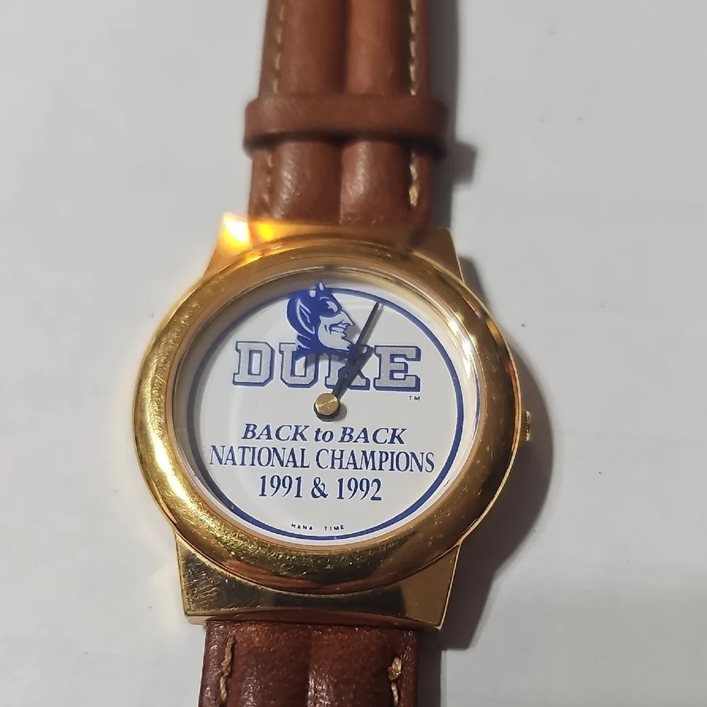 Goldtone Duke University Watch with Brown Leather Strap